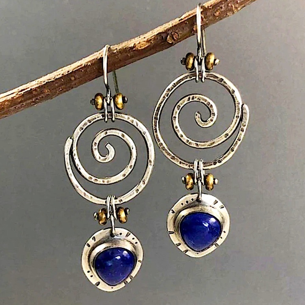 Vintage Silver Blue Lapis Spiral Boho Geometric Dangle Drop Earrings